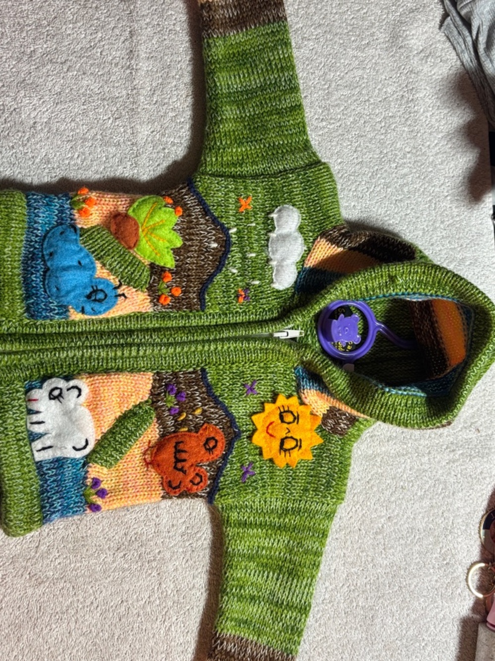 Kids Hooded Green Animal Patch Knit Sweater